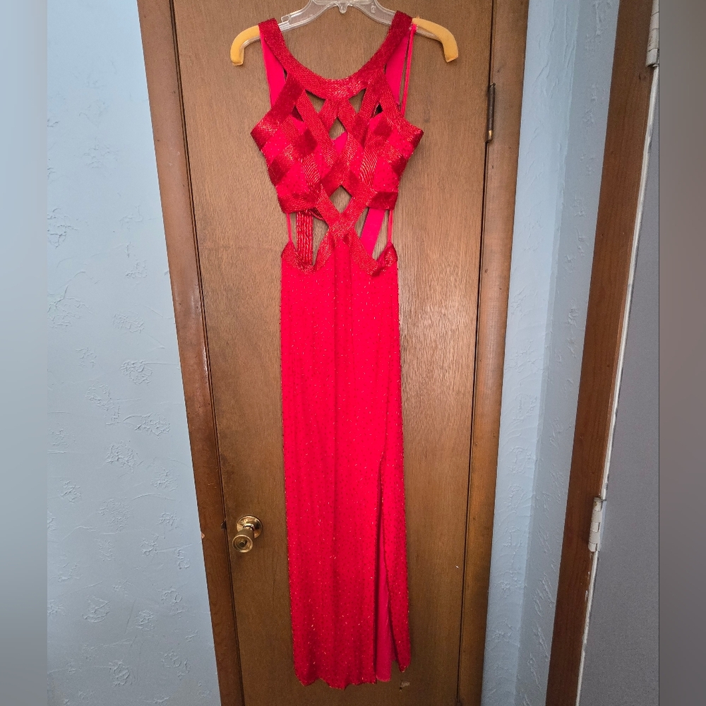 Red Bodycon Halter Dress with Embellished Cutouts